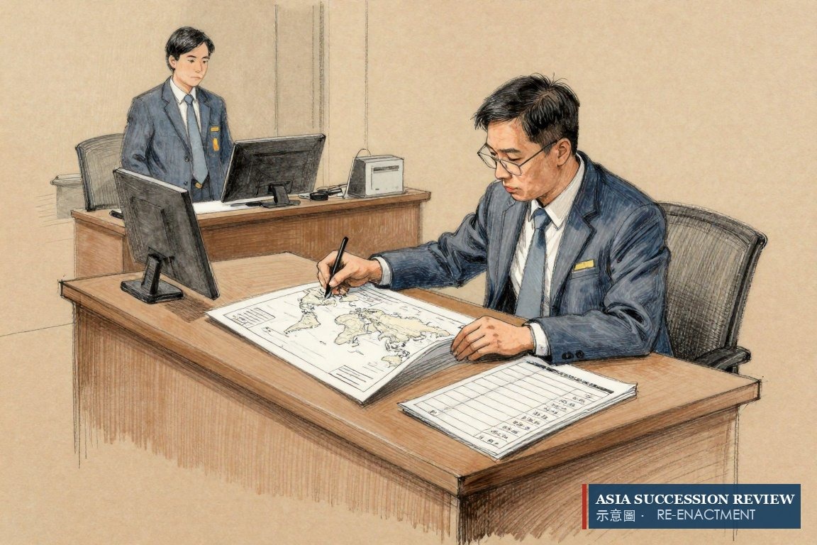 Inventaris harta peninggalan di atas peta dunia di meja pajak Taiwan — harta seluruh dunia, dan bagian mutlak.