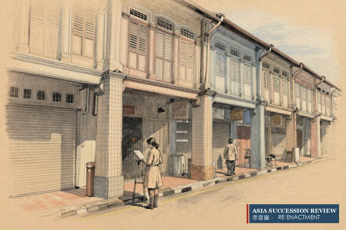 女子持地契站在店屋街外——商业物业可直接继承，不论国籍。