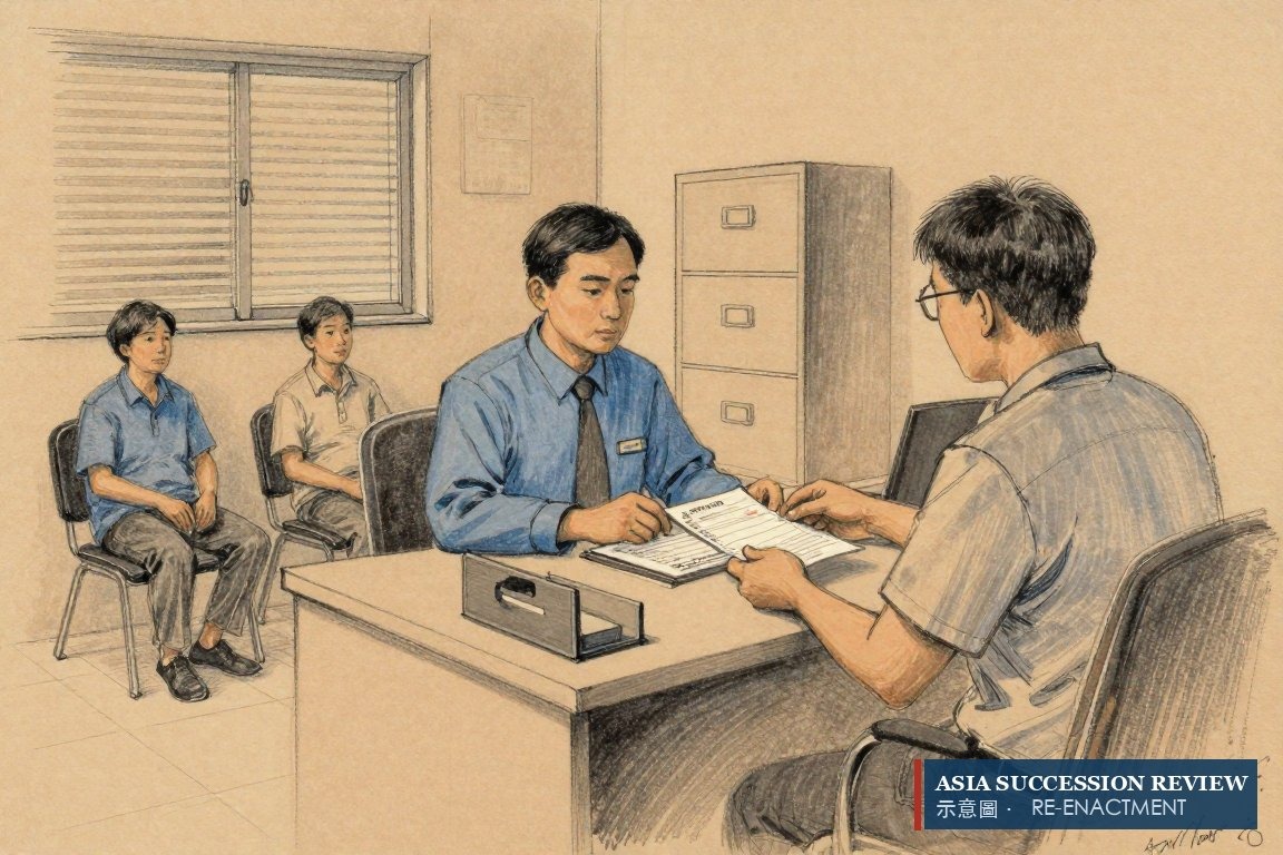 一名遗产管理人收取租金，亲属在旁等候——分配之前土地由遗产代理人持有。