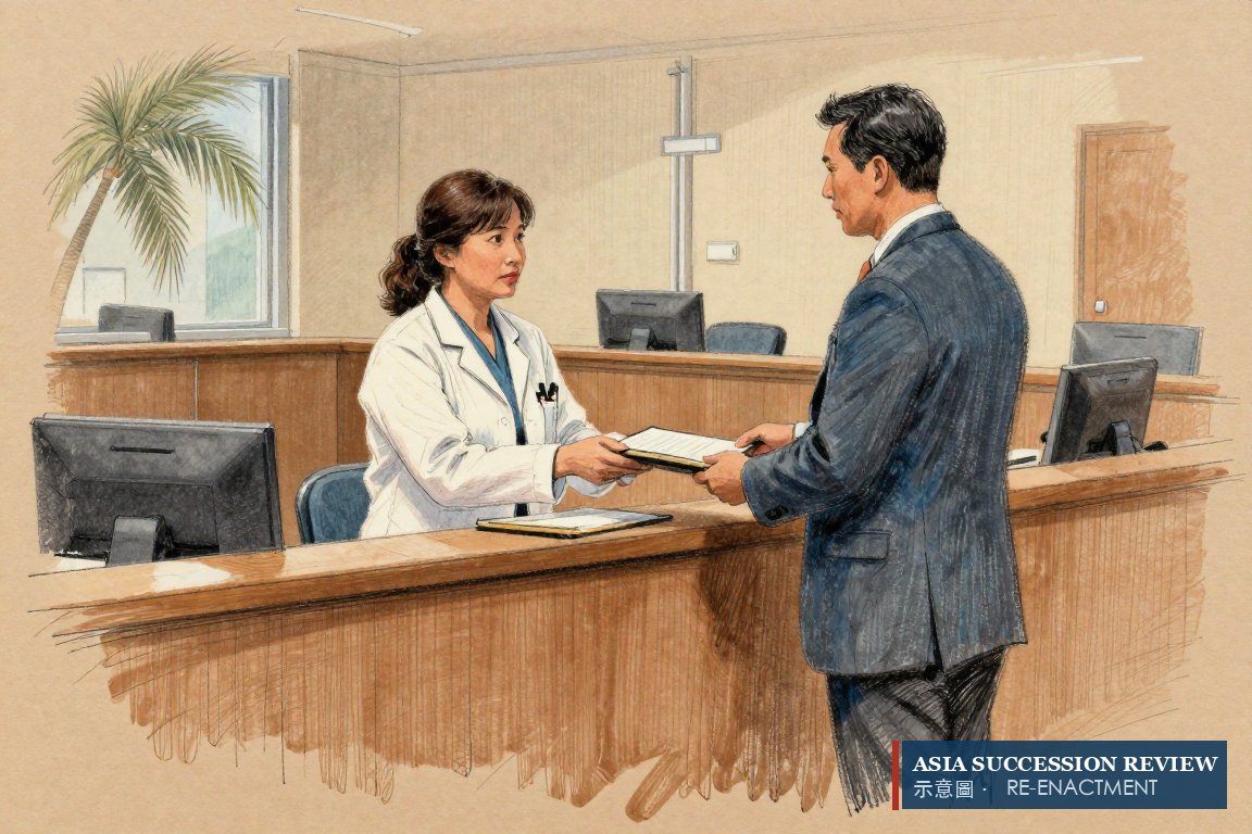 Dua pemohon menyerahkan map tebal kepada panitera pengadilan Honolulu: permohonan konservatorship atas bagian sang ibu, 16 September 2026.