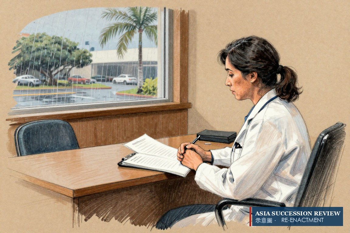 Seorang dokter berjas putih di seberang meja pengacara dengan map medis terbuka: permohonan putri yang menuduh ibunya tidak cakap.