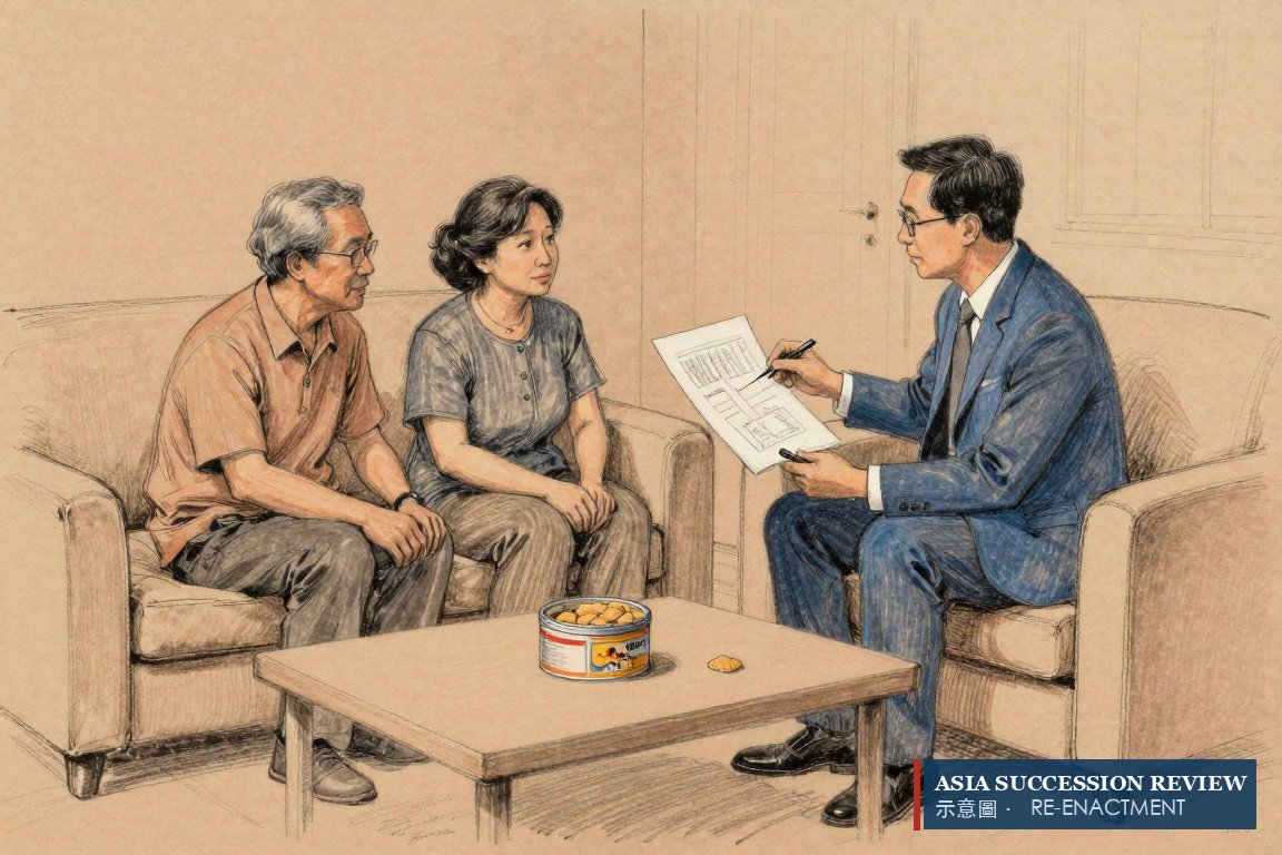 Seorang pengacara menunjukkan diagram pensil kepada pasangan lansia di ruang tamu: undang-undang menempatkan orang tua di bawah pasangan dan anak.