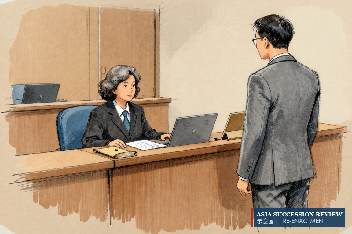 Seorang deputi profesional berdiri disumpah di hadapan hakim sementara perempuan tua duduk bersama kuasa hukum: kewenangan pengadilan menunjuk deputi.