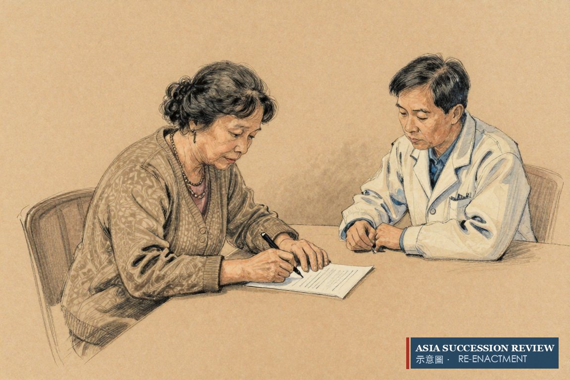 Seorang perempuan tua menandatangani formulir tipis di samping penerima kuasa pilihannya dengan seorang dokter menyaksikan: Lasting Power of Attorney, dibuat selagi cakap.