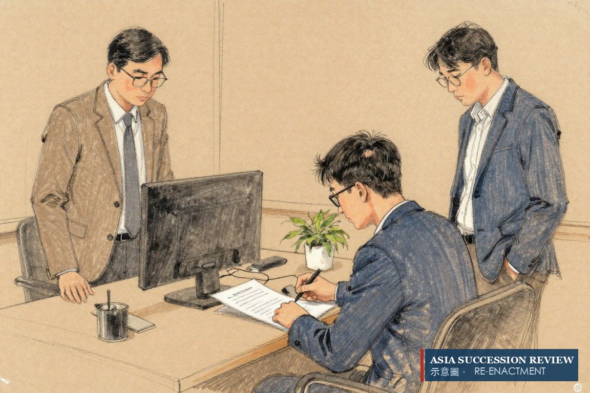 Seorang pemuda menandatangani wasiat dua halaman dengan dua saksi berdiri di dekatnya: tertulis, tanda tangan, dua saksi menurut Pasal 6.
