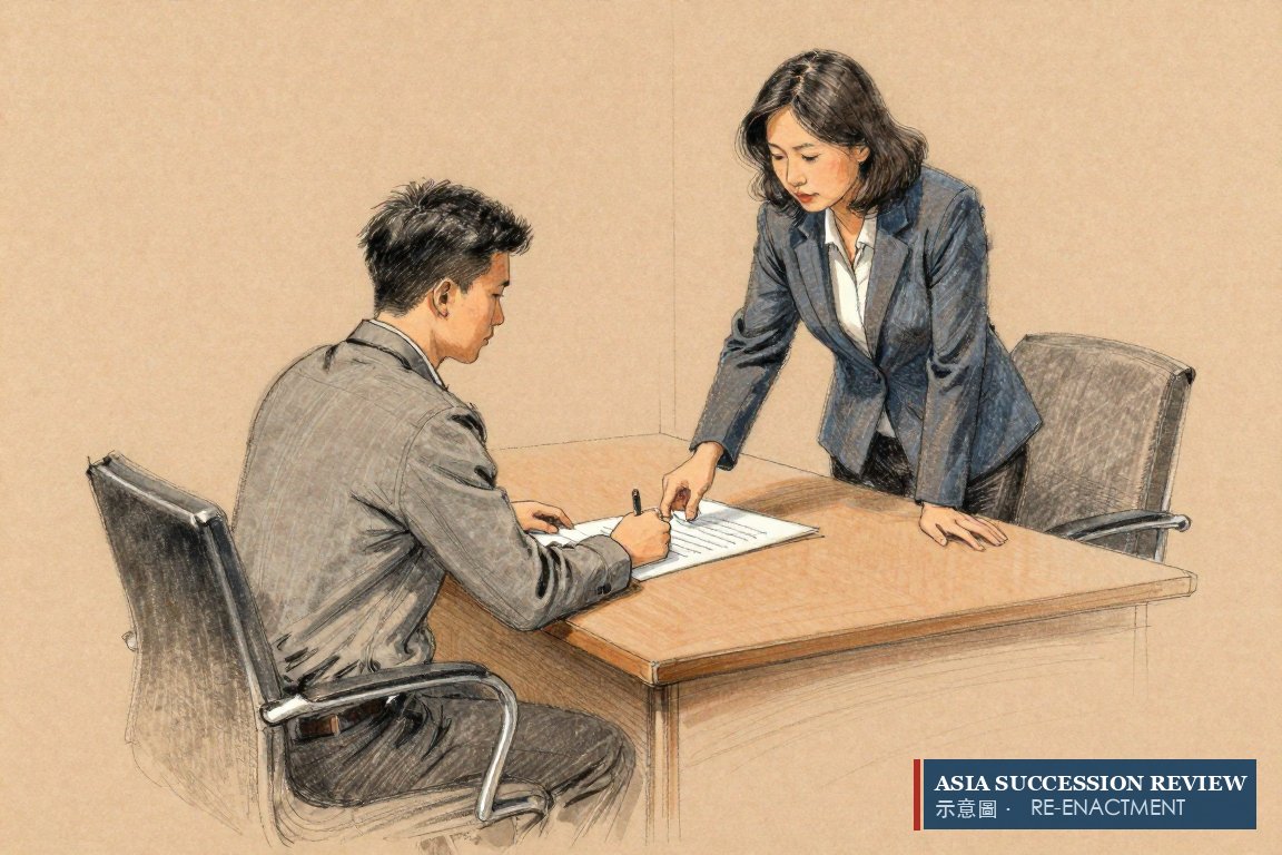 Seorang pengacara meletakkan satu lembar di antara dua direktur yang duduk: klausul yang mengisi kursi saat direktur tunggal meninggal.