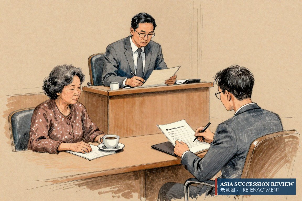 Seorang trustee membaca akta di kepala meja sementara sang ibu duduk di samping dengan teh: terjamin, bukan mengendalikan.