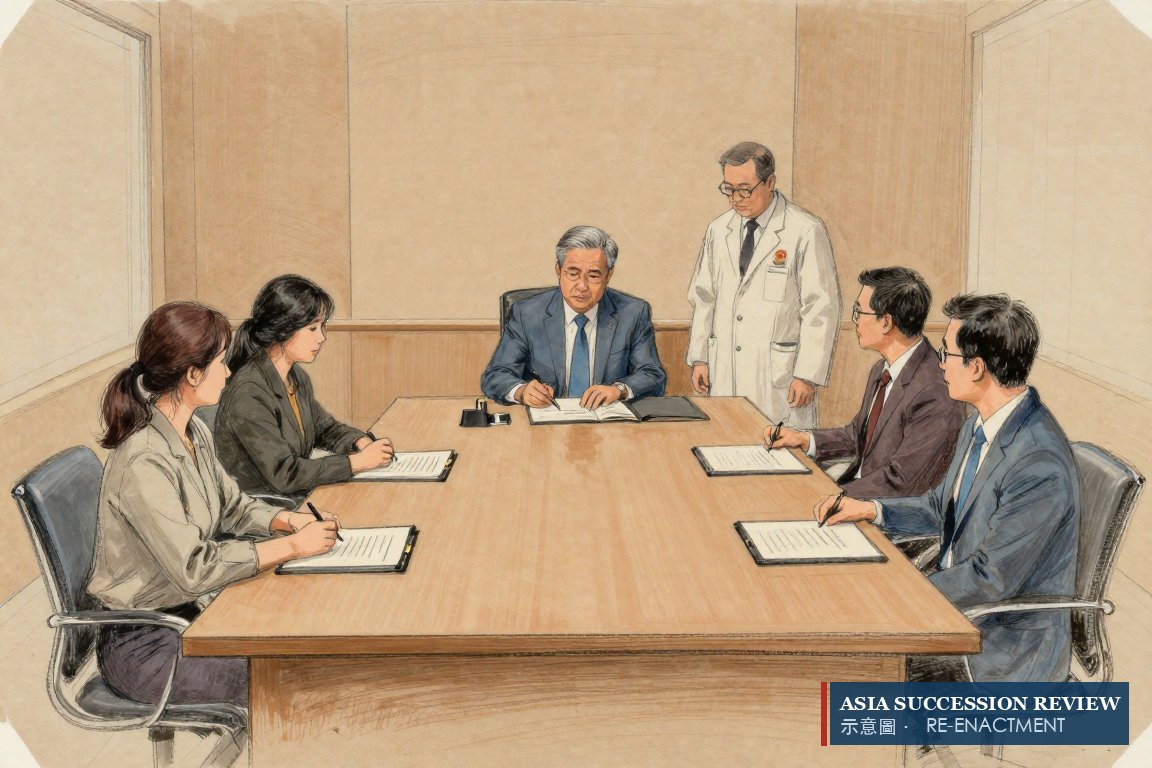 Founder in good health signing a Singapore trust deed naming all four branches in fixed percentages, witnessed by a doctor.