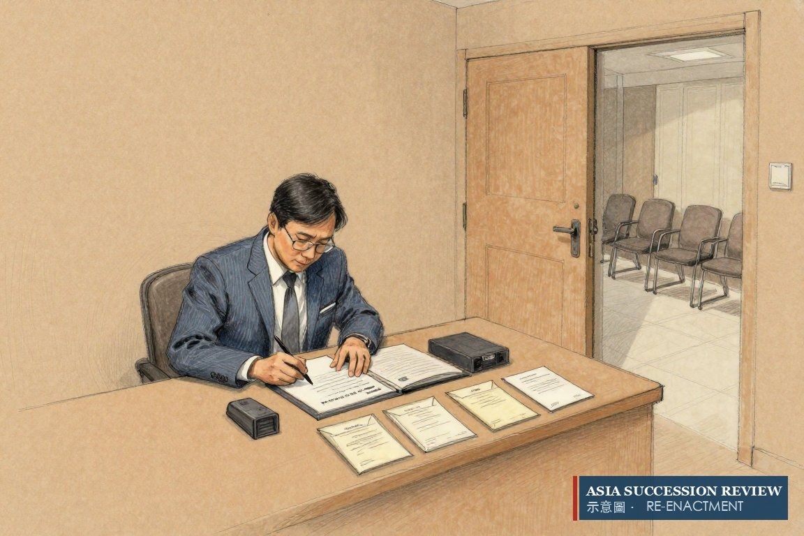 Founder signing a lasting power of attorney with four insurance nominations laid out, and an empty corridor outside.