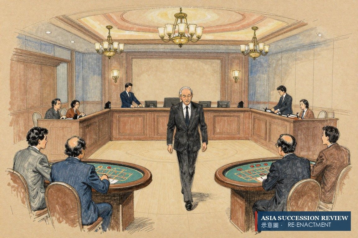 The magnate crossing his Macau casino floor at night while four separate family groups watch from four corners.