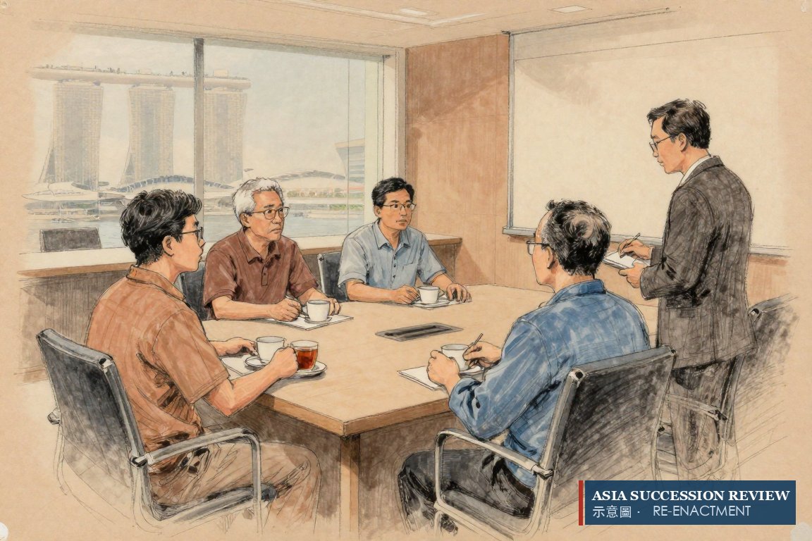 A three-generation family with their lawyer in a Singapore room overlooking the bay.