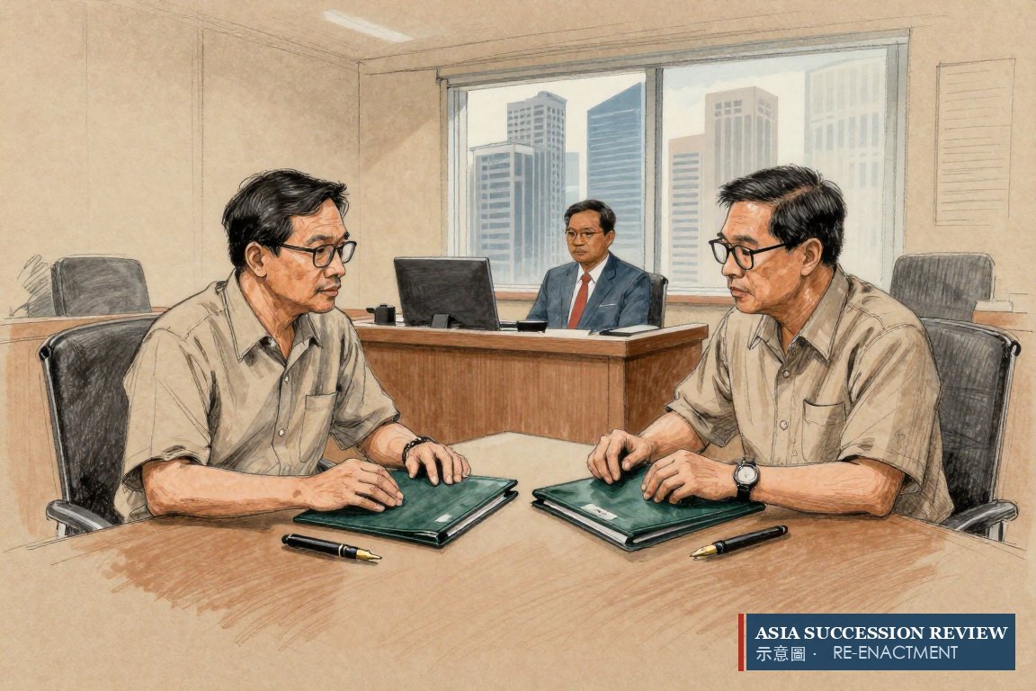 Two brothers each place a hand on the same closed binder in a Singapore law office.