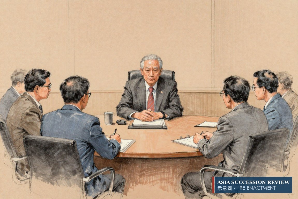 An elderly co-founder keeping his seat, directors from both branches beside him.