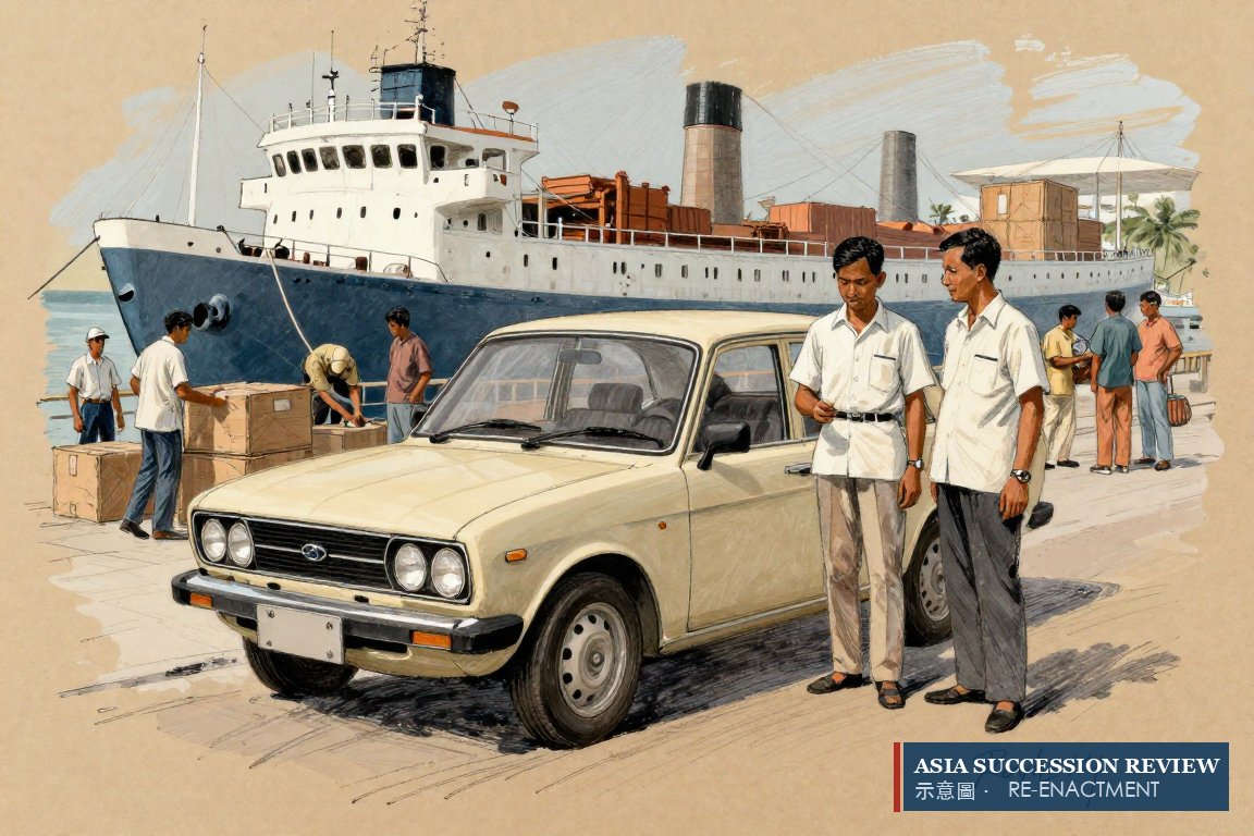 Two brothers beside the first imported sedan on a Malayan dockside, 1957.