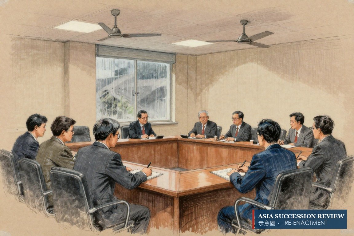Two branches of one family seated on opposite sides of a boardroom table, the chairman between them.