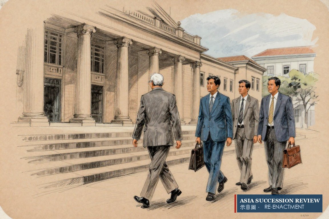 An elderly co-founder climbing court steps with his sons and lawyer, 2001.
