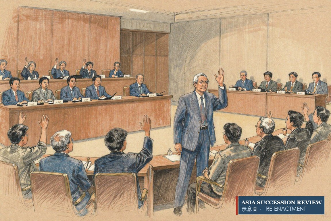 An elderly co-founder rising to leave the dais of an annual meeting.