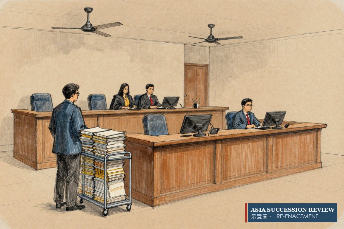 Three appellate judges on the bench, counsel at the bar table, stacks of case files.