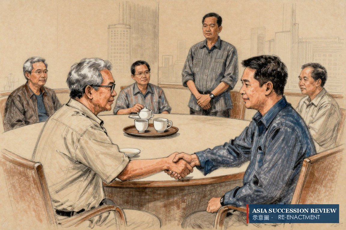 Two men of different generations shaking hands across a table, both branches behind them.