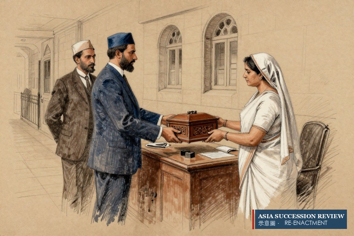 Two early-1900s brothers hand a carved casket to a hospital matron: the group given to charity a century ago.