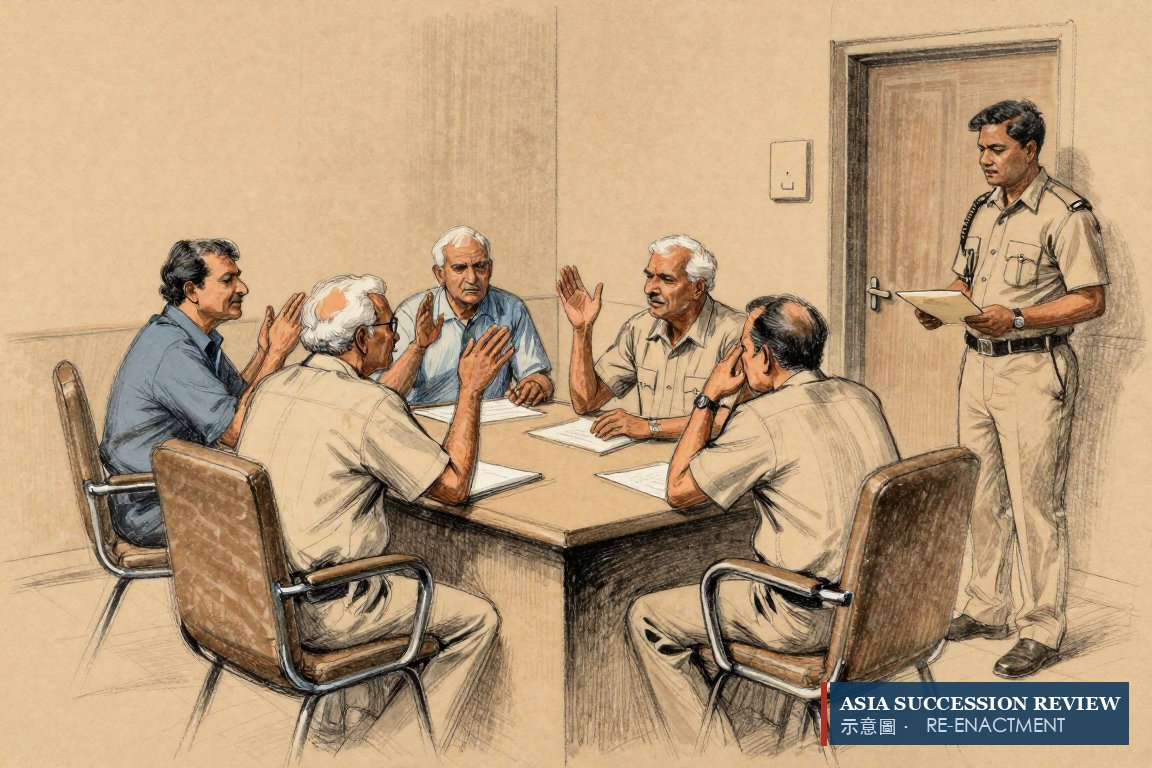 Trustees argue round a table with one chair empty as a peon brings a sealed order: stop meeting, says the Commissioner.