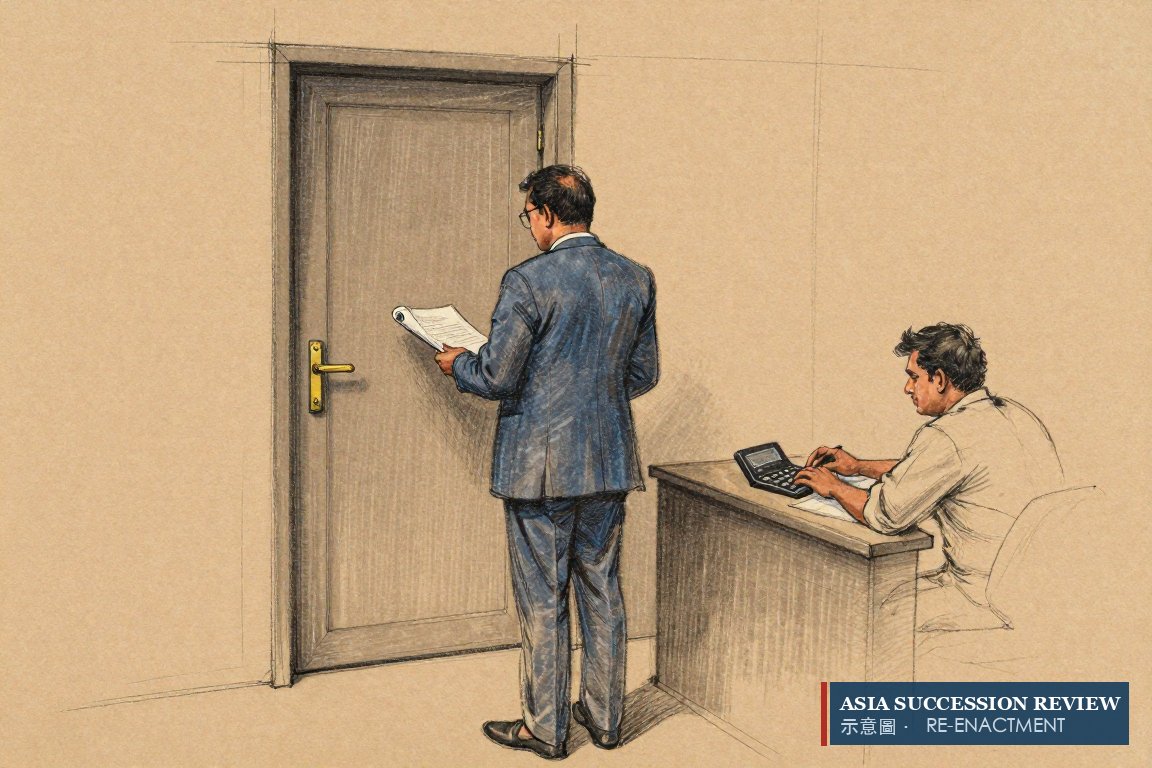 A minority holder at a closed door, a clerk tapping a calculator: an exit priced twenty years late.
