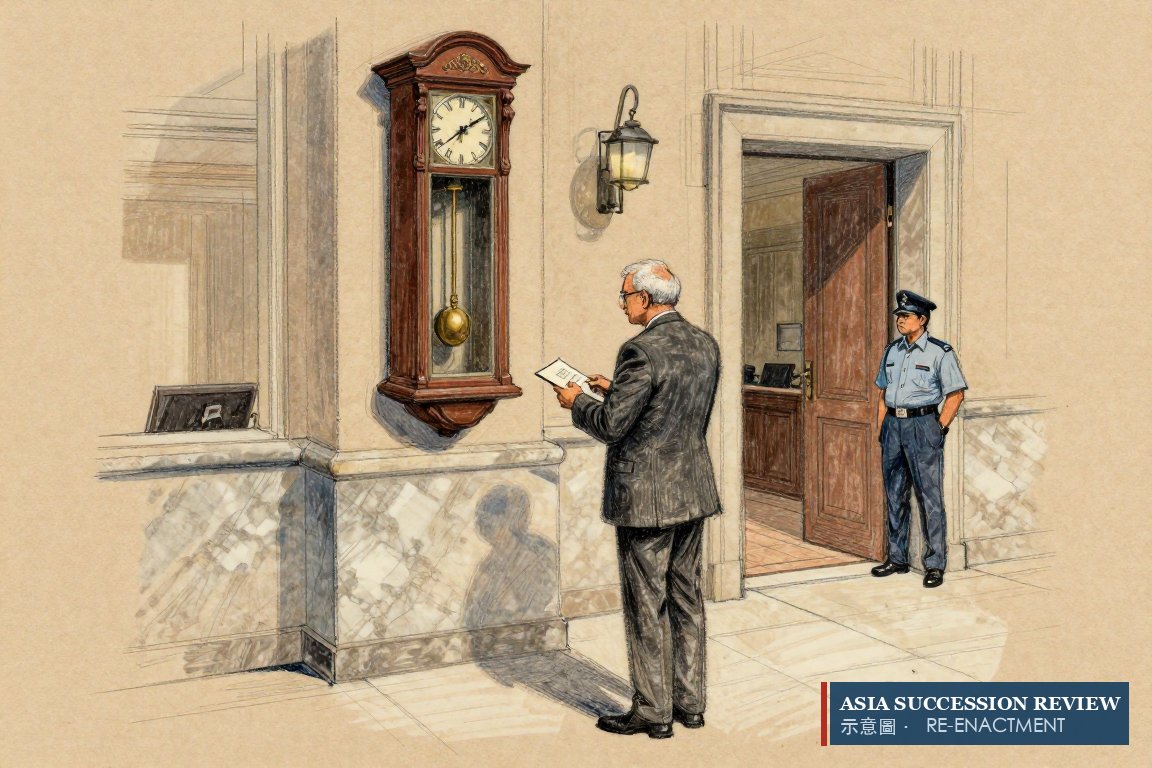 A tall clock and a man holding a sealed envelope beneath it: the regulator's listing clock runs on regardless.