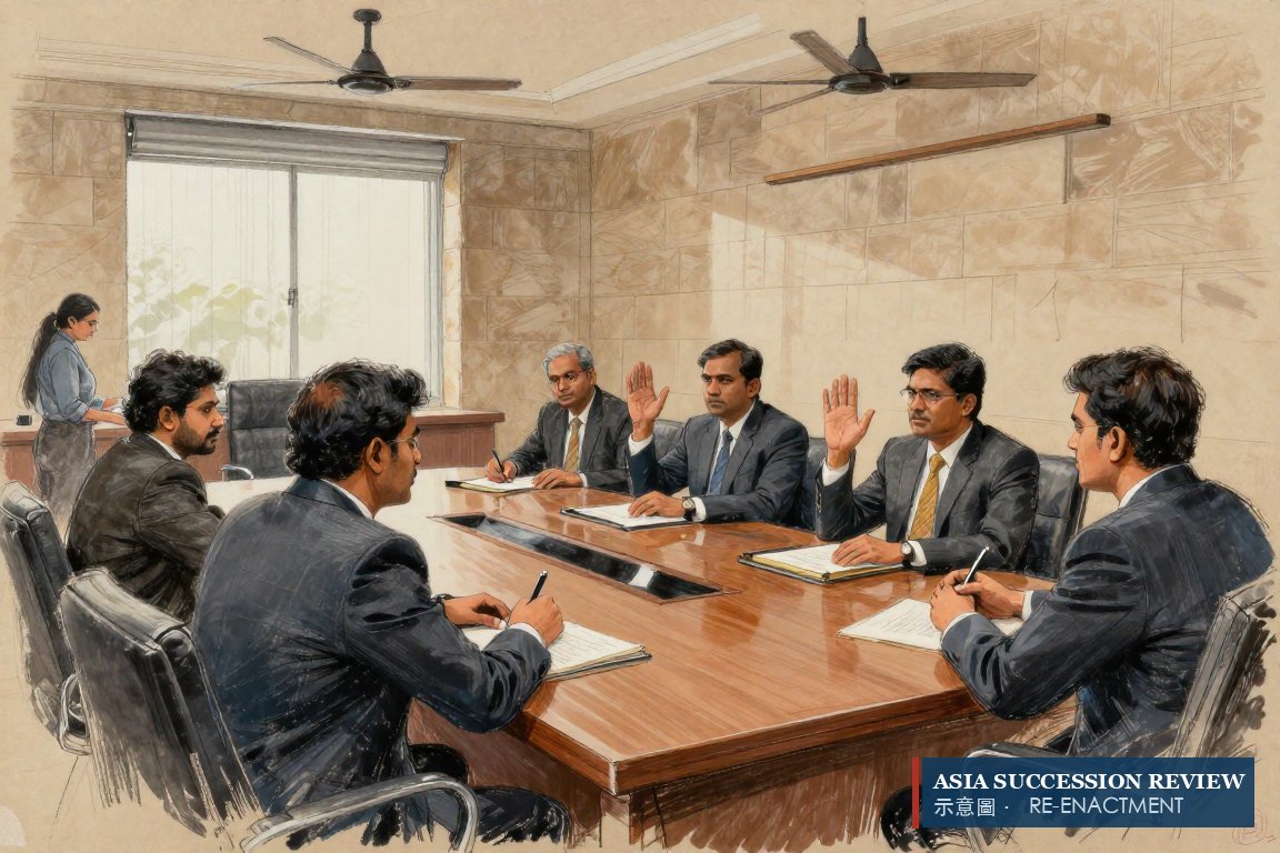Six directors at a Mumbai boardroom table, four hands raised: the 4–1 vote of 17 September 2026 to re-appoint the chairman.