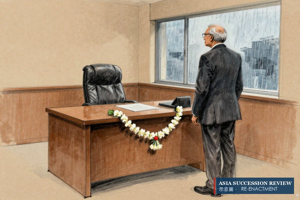 An empty chair with a white garland, a man at the window: the founder dead two years, profit down 35 per cent.