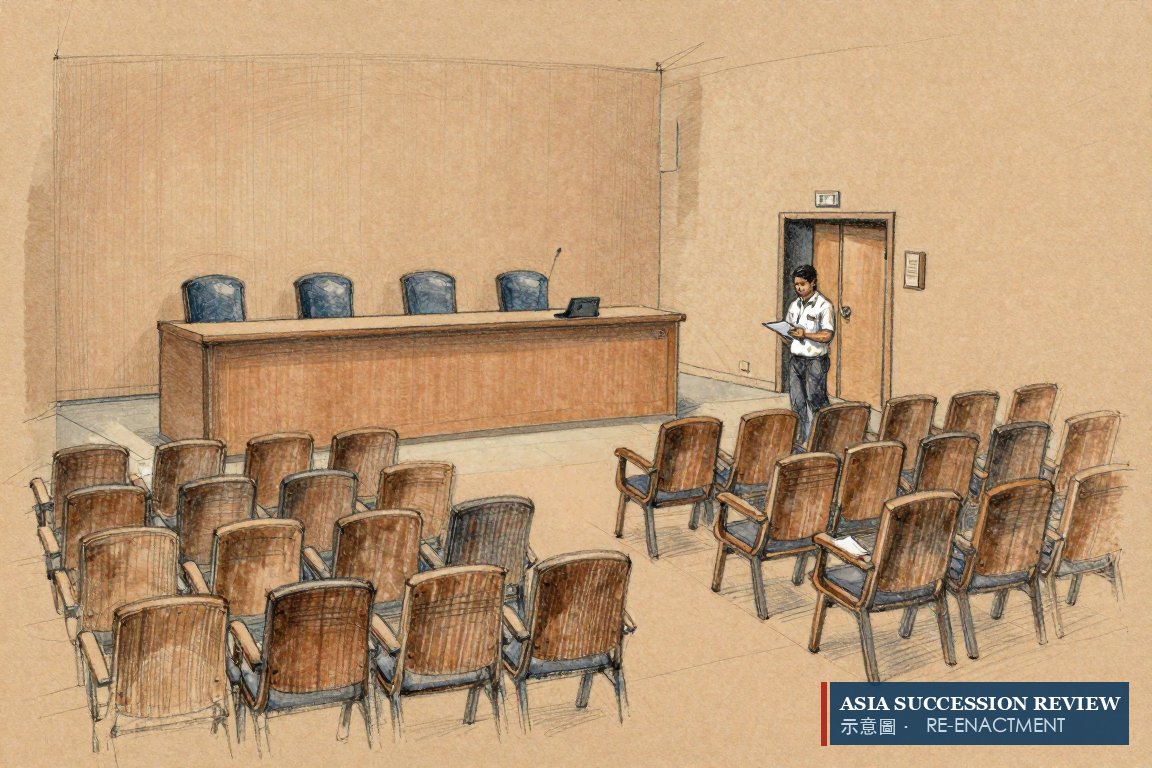 An empty assembly hall and a clerk with a register: the chairman's seat as director awaits a meeting that could not sit.