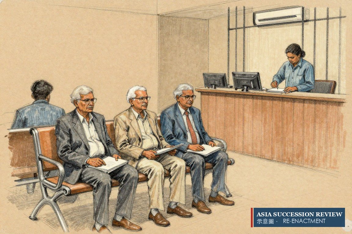 Three trustees on one bench, not speaking, each with a folder: the complaints before the Charity Commissioner.