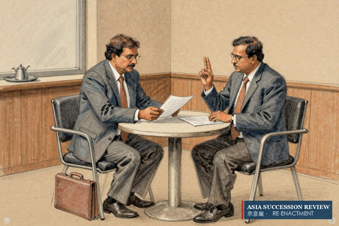 Two men at a small table, one sliding a folded proposal, two fingers raised: Rs 25,000 crore in two tranches.