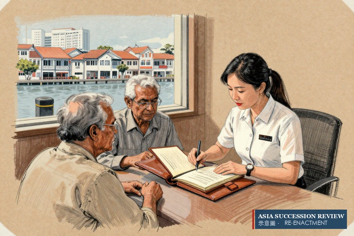 A trust officer opens a bound deed before an elderly couple, finger on the page: the deed decides who appoints trustees.