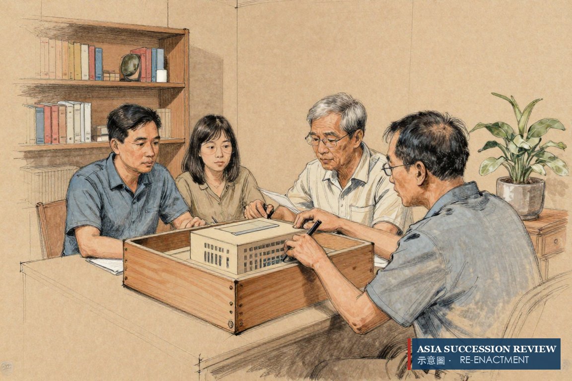 A founder places a model factory inside a wooden box: the group under a foundation, the foundation still needing a plan.