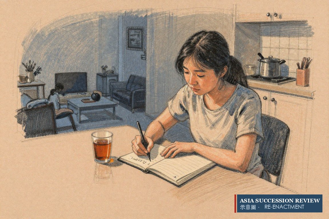 A daughter writes four lines in a notebook at night: the short list for the person outside the room.