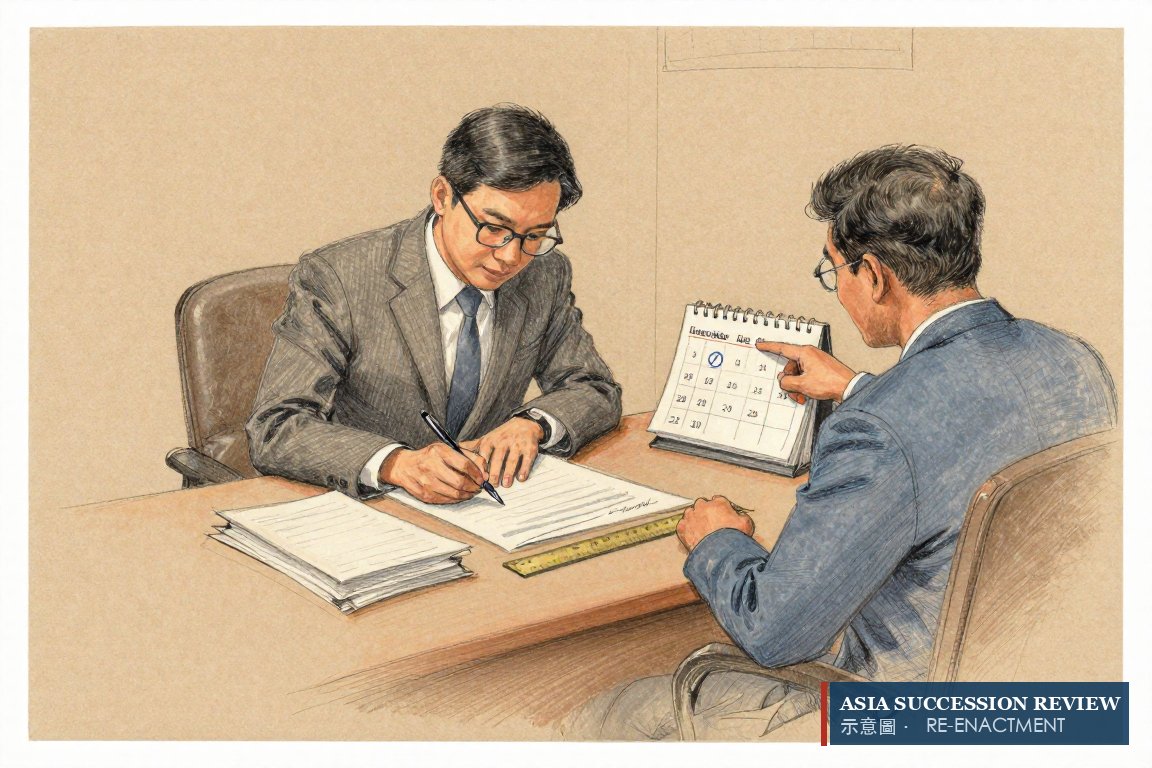 A drafter writes while a founder points at a circled date on a calendar: the term's end and the committee's start, dated.