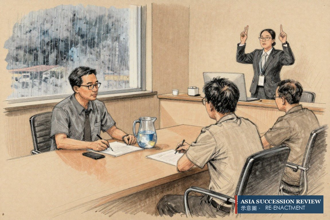 A secretary counts two seated shareholders with an empty chair at the head: the quorum rule and its fallback.