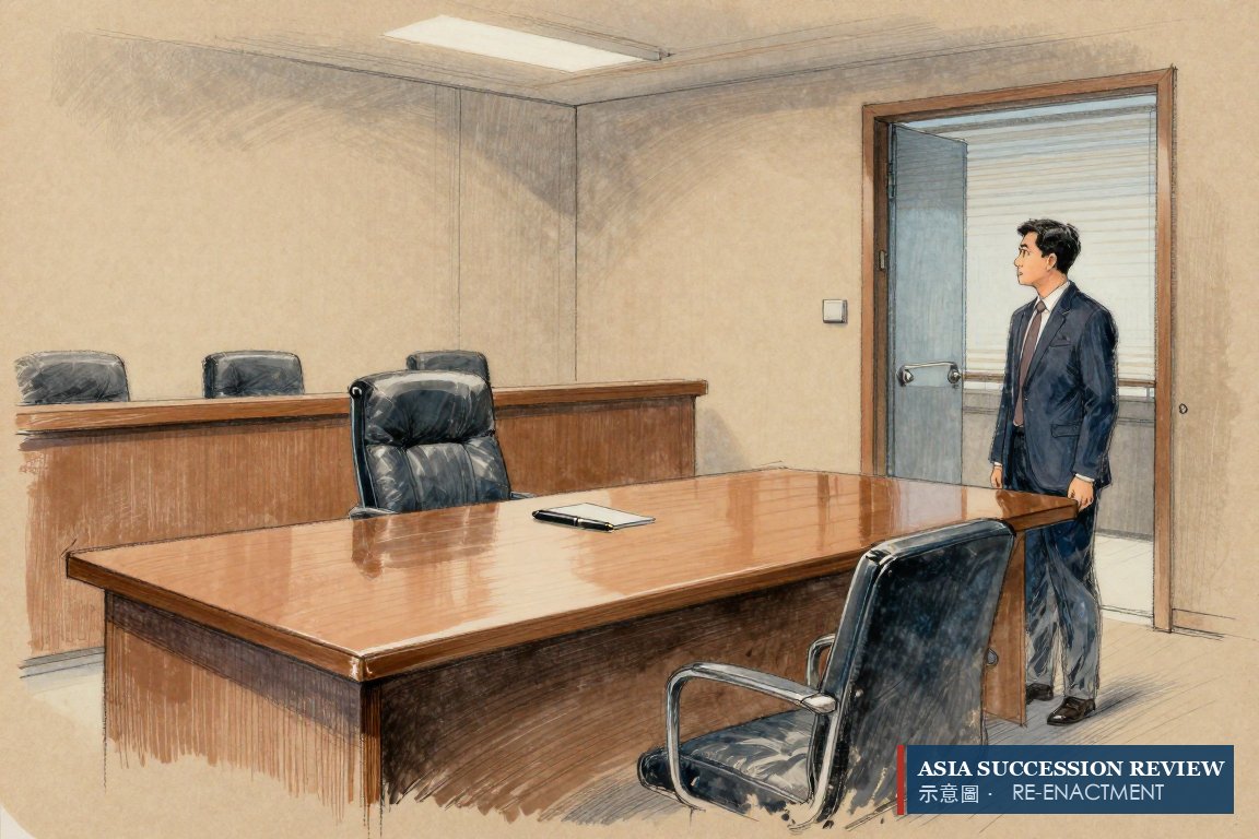 An empty chair, a pen alone on the table, a secretary in the doorway: the sentence that was never drafted.