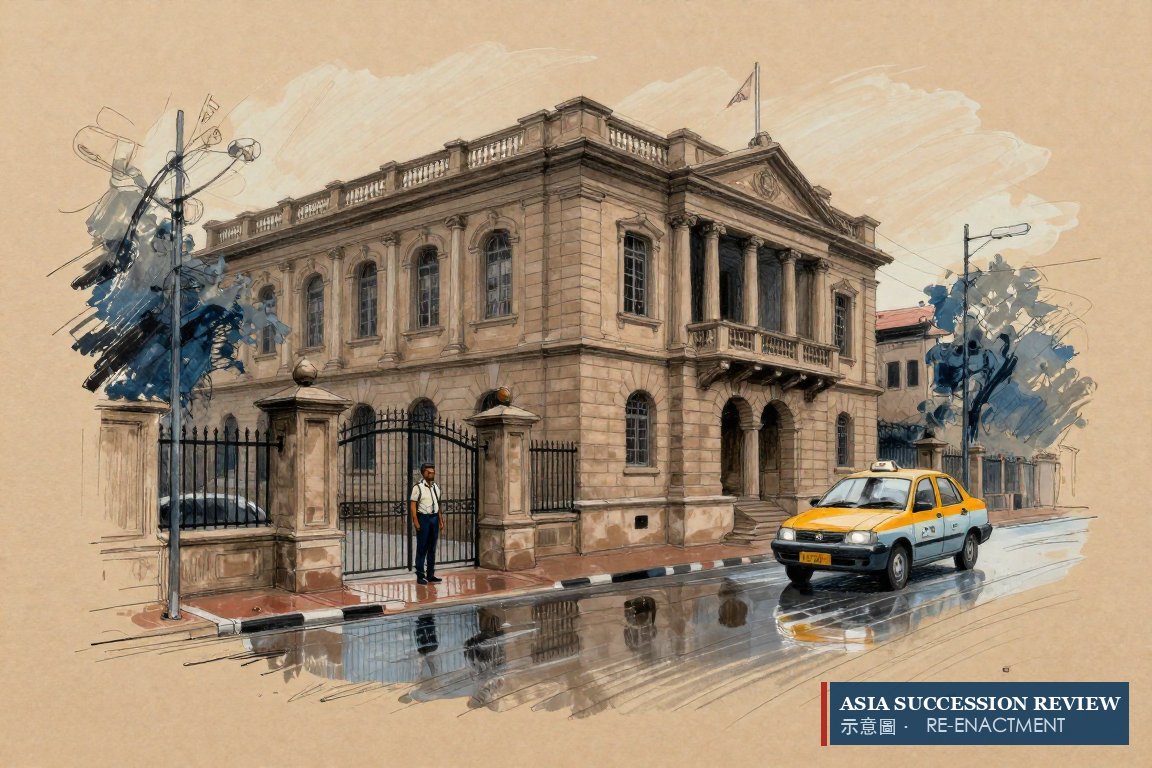 Bombay House at dusk with a lone guard at the gate: India's law, India's courts, no Singapore instrument applies.