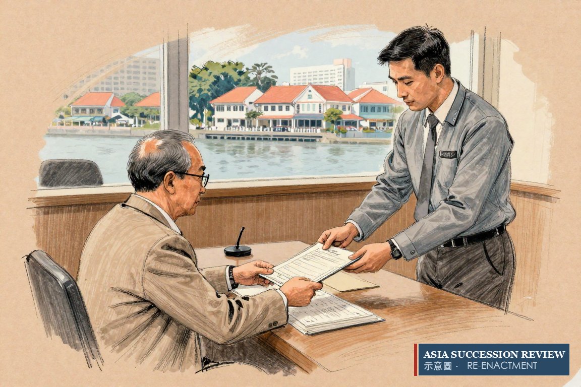 A founder hands certificates to a Singapore trust officer while still in the chair — the shares leave his estate years early.