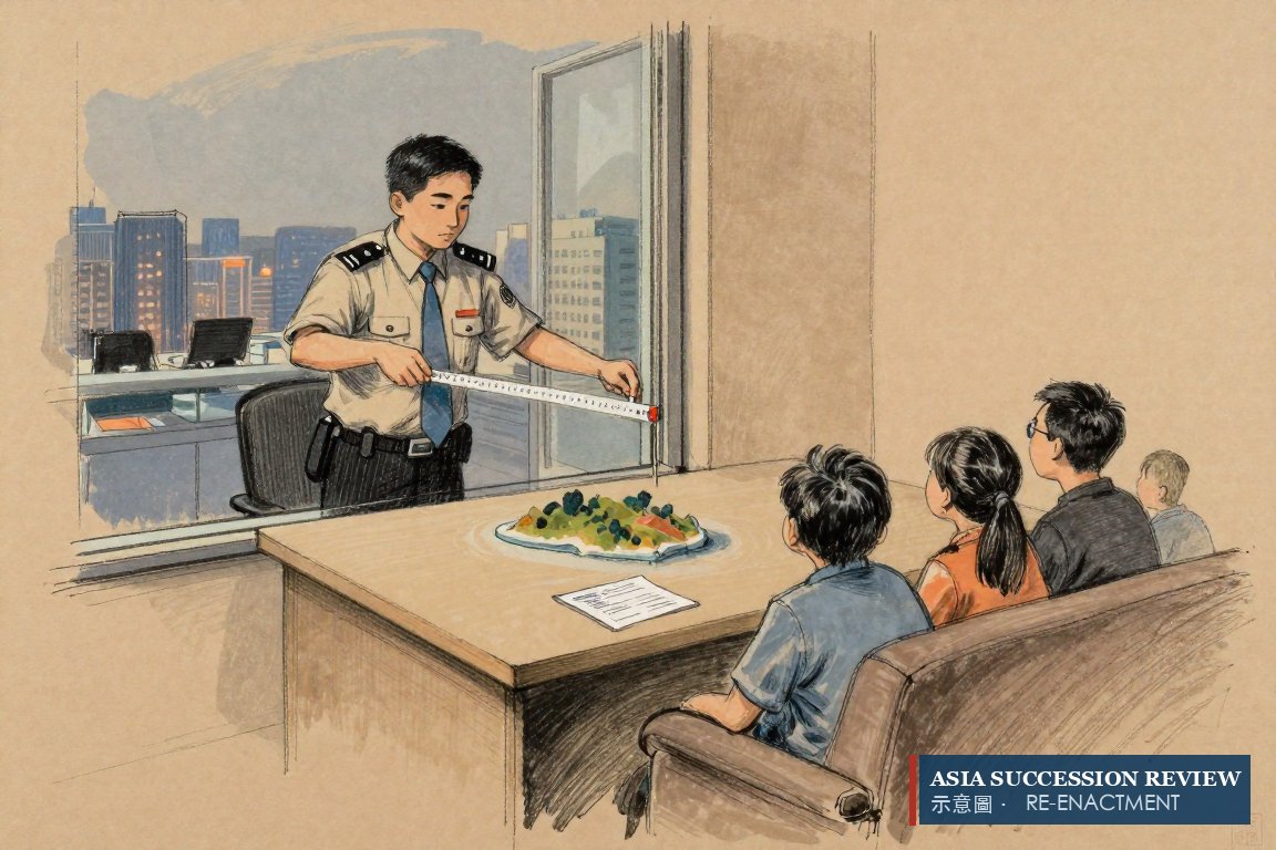 A tax officer stretches a tape from Taipei to a distant island — the worldwide estate is taxed; a lifetime trust is a gift when made.