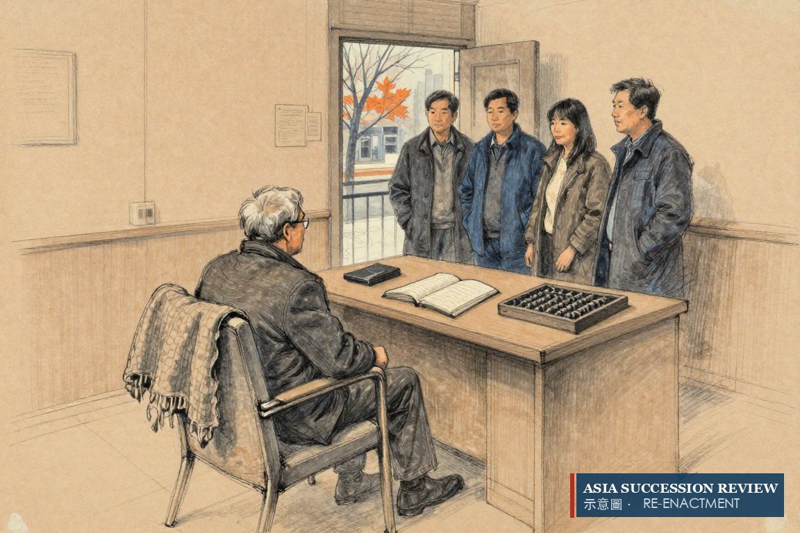 An empty armchair and a closed ledger in a New Jersey study — the founder dies on 15 October 2008 with no will.