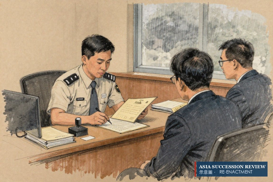 A Taipei tax officer slides an assessment folder across the counter — NT$52.6bn assessed, NT$11.9bn tax at the old 50 per cent schedule.