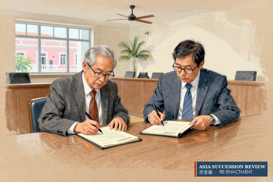 Two elderly brothers sign two deeds at a Bermuda lawyer's table — the GRT and the Wang Family Trust, both declared 10 May 2001.