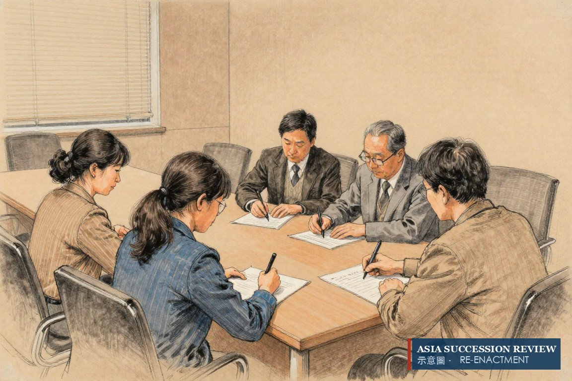 Five directors pass one page around a table beside a row of empty chairs — every child excluded in September 2005.