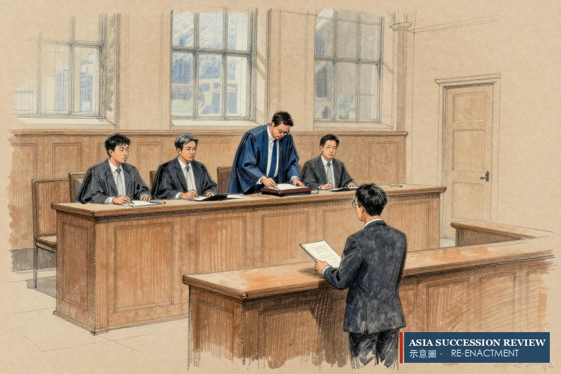 Five judges on a high bench hand down a thick judgment to a lone man below — the 2005 exclusion declared void on 8 December 2022.