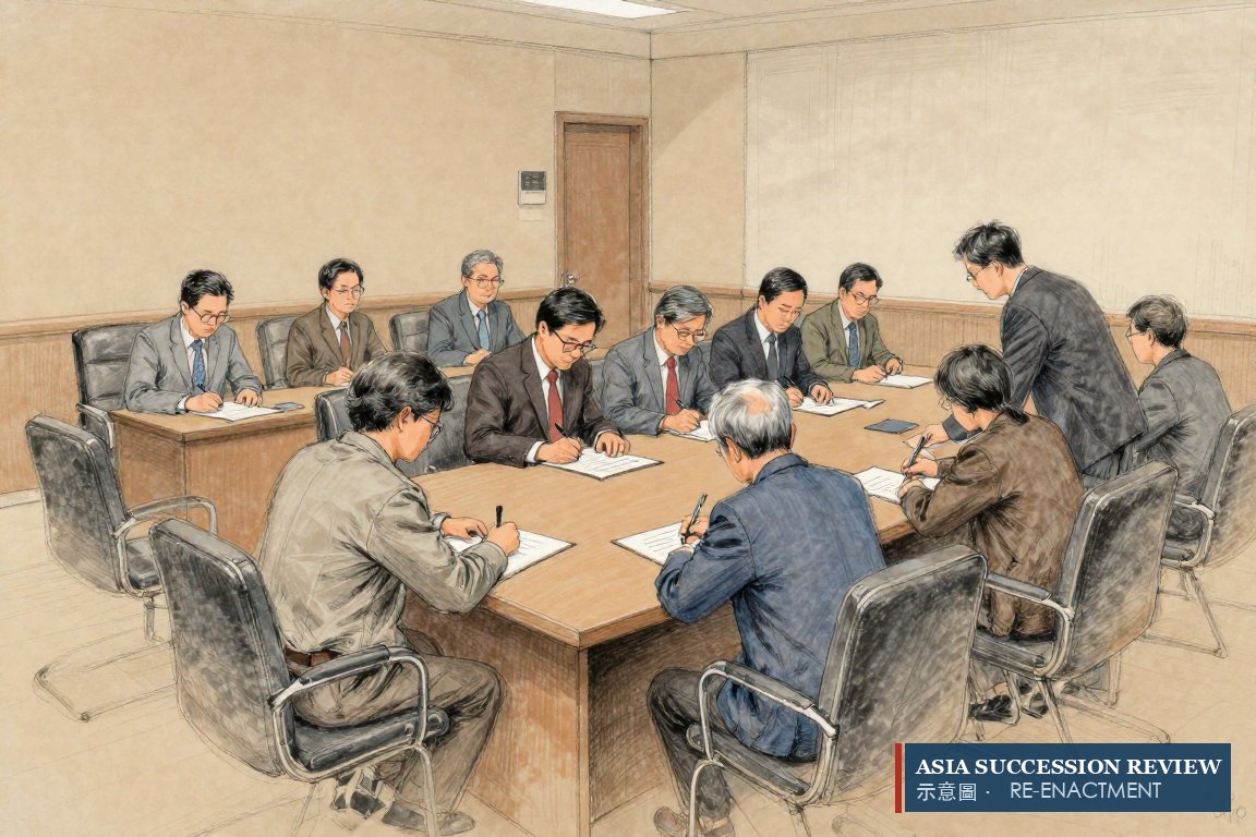 A dozen heirs sign a settlement in turn beside one empty chair — the Taiwan estate divided on 29 July 2021, the offshore trusts still open.
