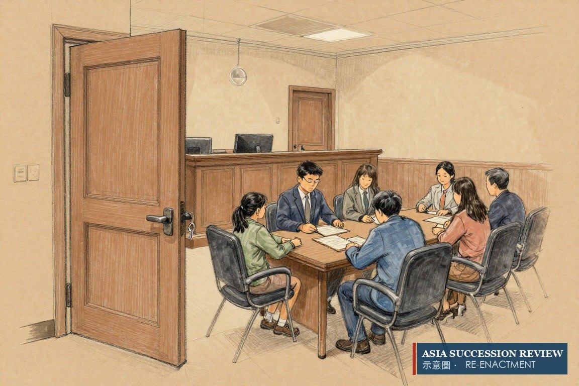 A family closing the courthouse door from their own side, every chair filled around one deed with everyone named.