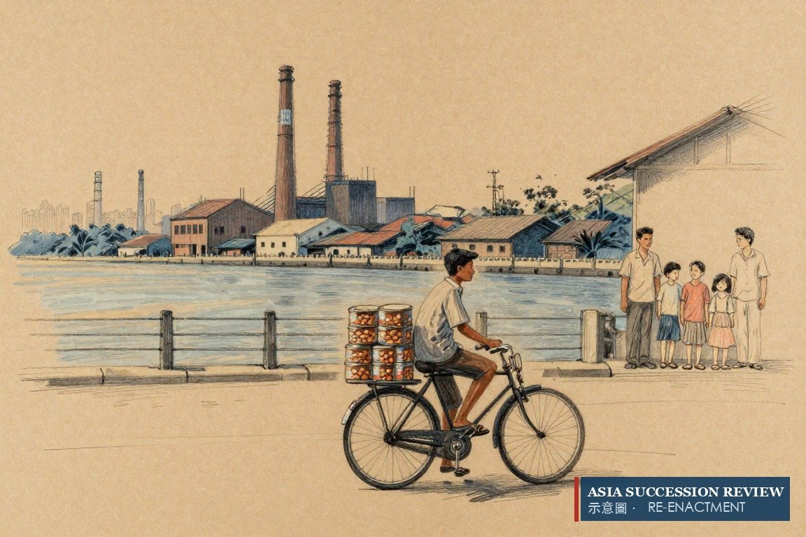 A biscuit seller's bicycle in Makassar giving way to a pulp mill, and a family portrait wall left incomplete.