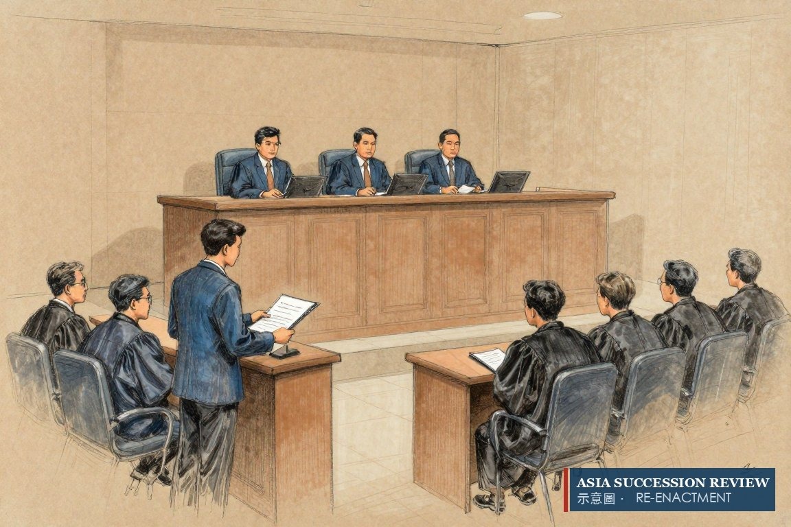 A son filing his inheritance claim alone against five half-brothers and their advocates in a Jakarta courtroom.